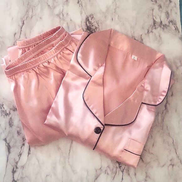 Satin Pink Pajama Set Classic Button Down Loungewear Long Sleeve Sleepwear Large - Picture 2 of 13